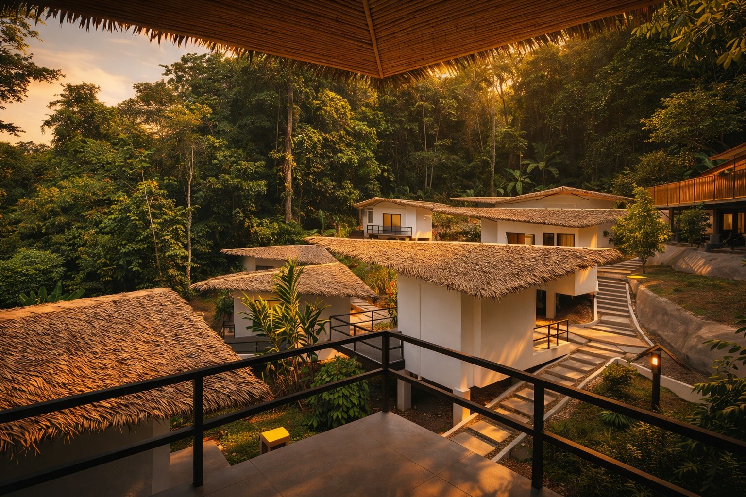 Aerial view of Mar y Selva Ecolodge nestled in the Costa Rican jungle